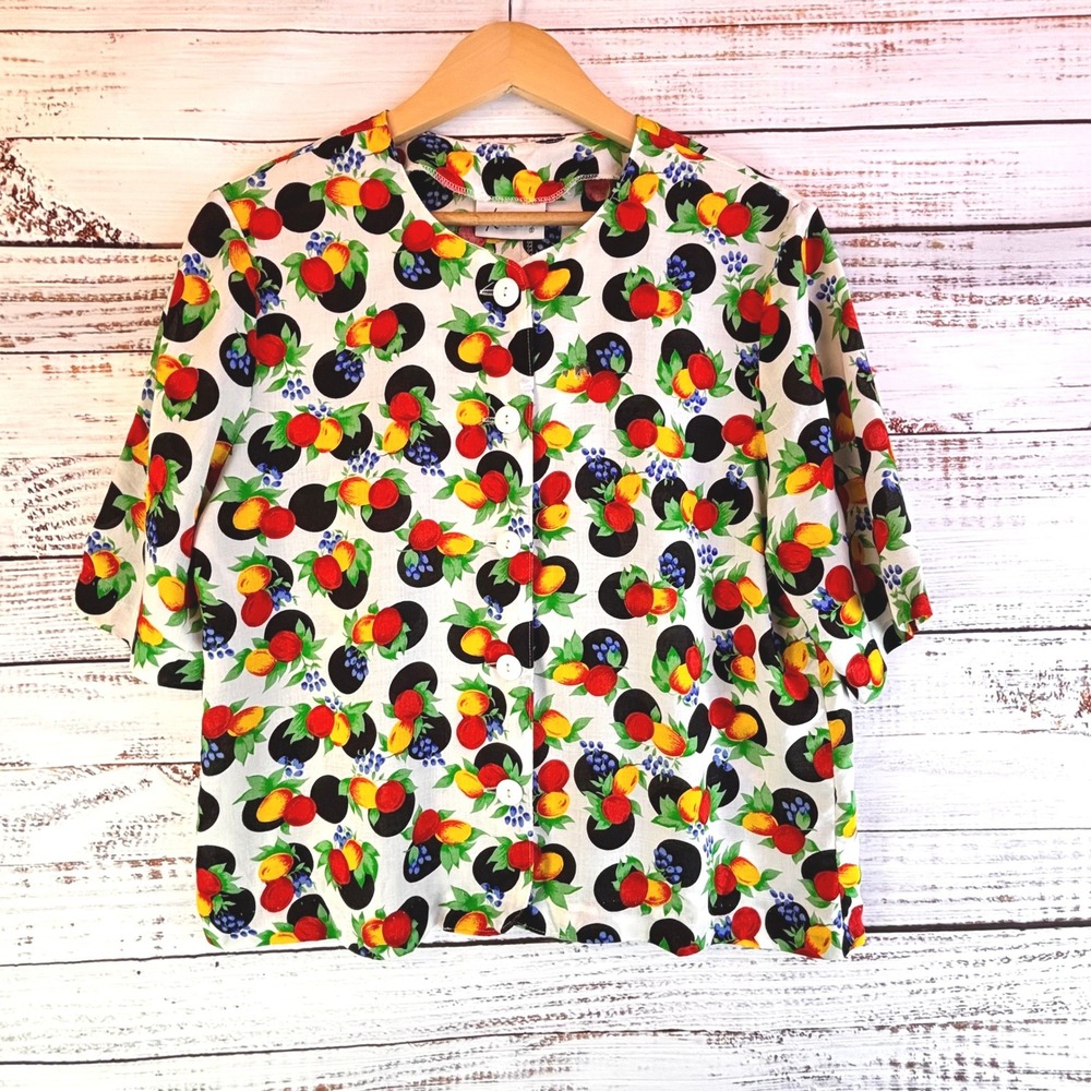 Vintage Fruit Polka Dot Blouse L White Multi Rayon Kitsch Retro Artsy 90s Color